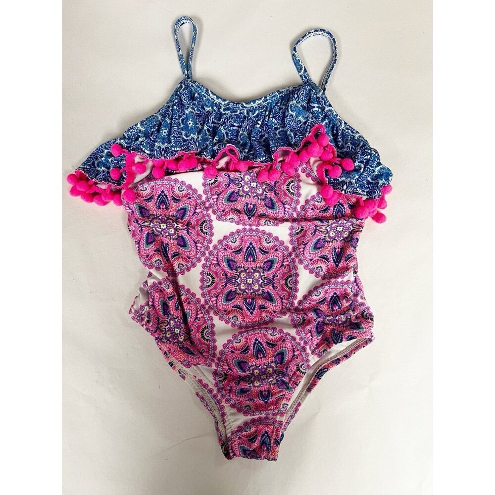 girls 1 pc Lined SWIM SWIMMING SUIT NICOLE MILLER pompoms blue pink Sz 6